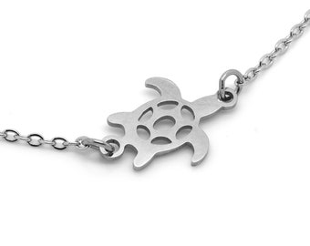 Turtle Choker Style Necklace in Stainless Steel, Tarnish Free Nautical Ocean Boho Beach Jewelry