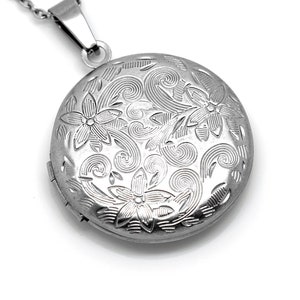 Round Floral Locket Pendant Necklace in Stainless Steel, Photo Jewelry