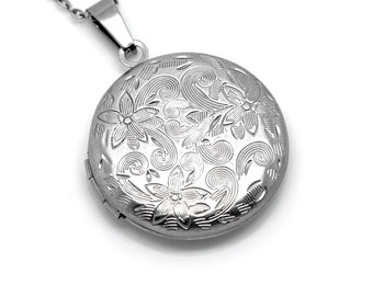 Collier rond de pendentif floral de médaillon en acier inoxydable, bijoux de photo