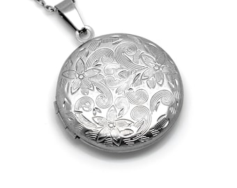 Round Floral Locket Pendant Necklace in Stainless Steel, Photo Jewelry