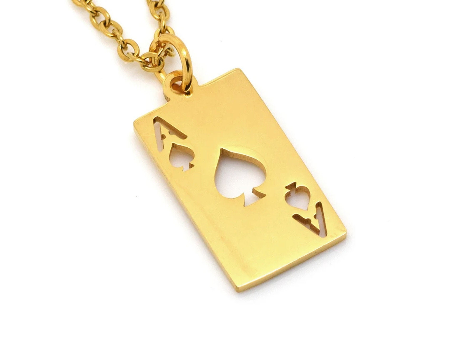 Gold Plated Playing Cards Pendant Necklace Stainless Steel Poker Jewelry  For Men