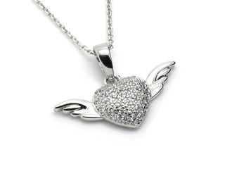 Winged Heart Pendant Necklace in Sterling Silver with CZ Cubic Zirconia, Love Jewelry