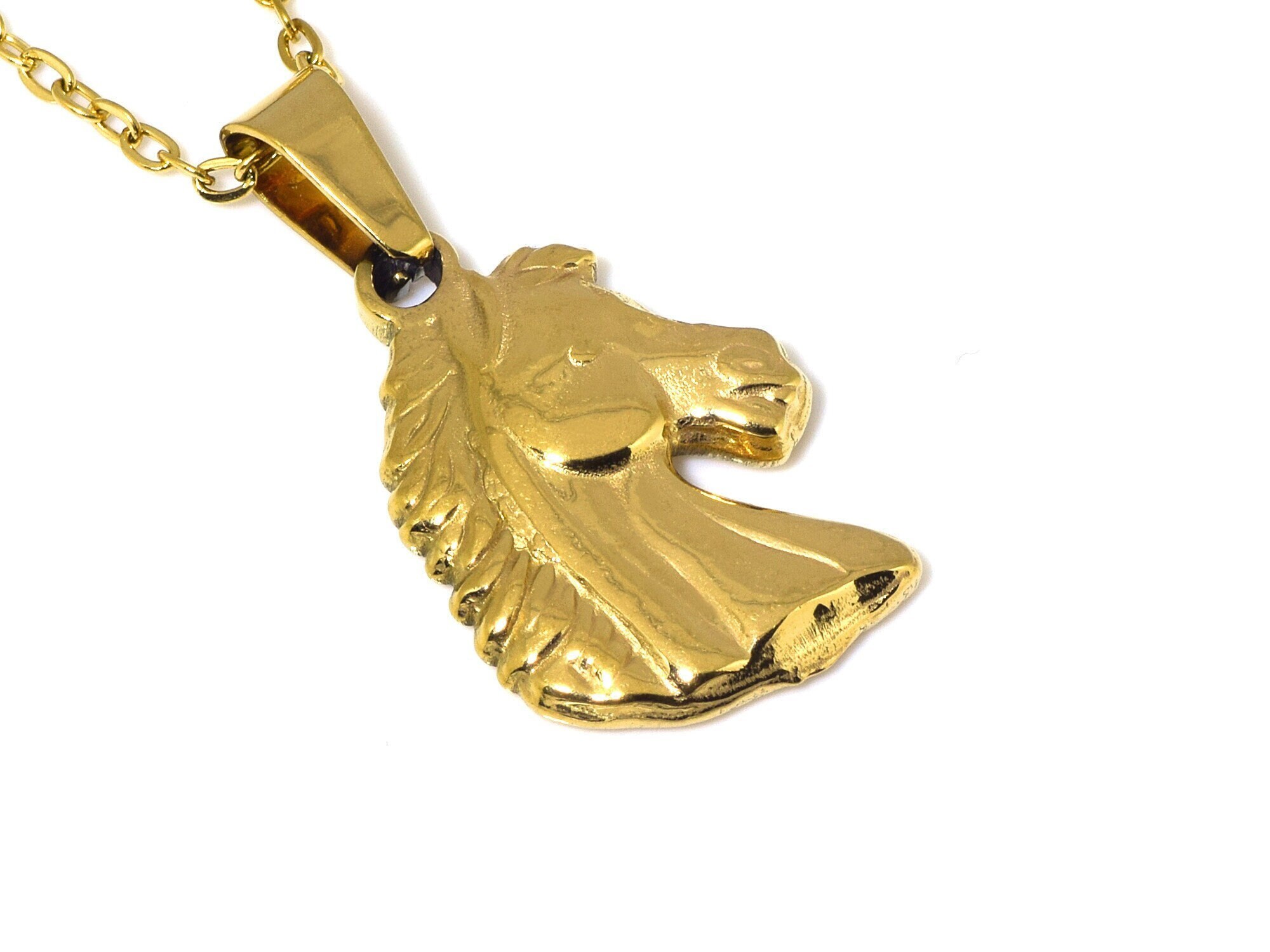 Gold Horse Head Necklace, Golden Pony Pendant, Animal Jewelry in Stainless Steel