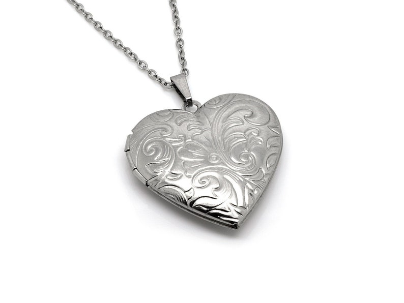 Bloemen hart medaillon hanger ketting in roestvrij staal, zilveren foto liefde sieraden afbeelding 1