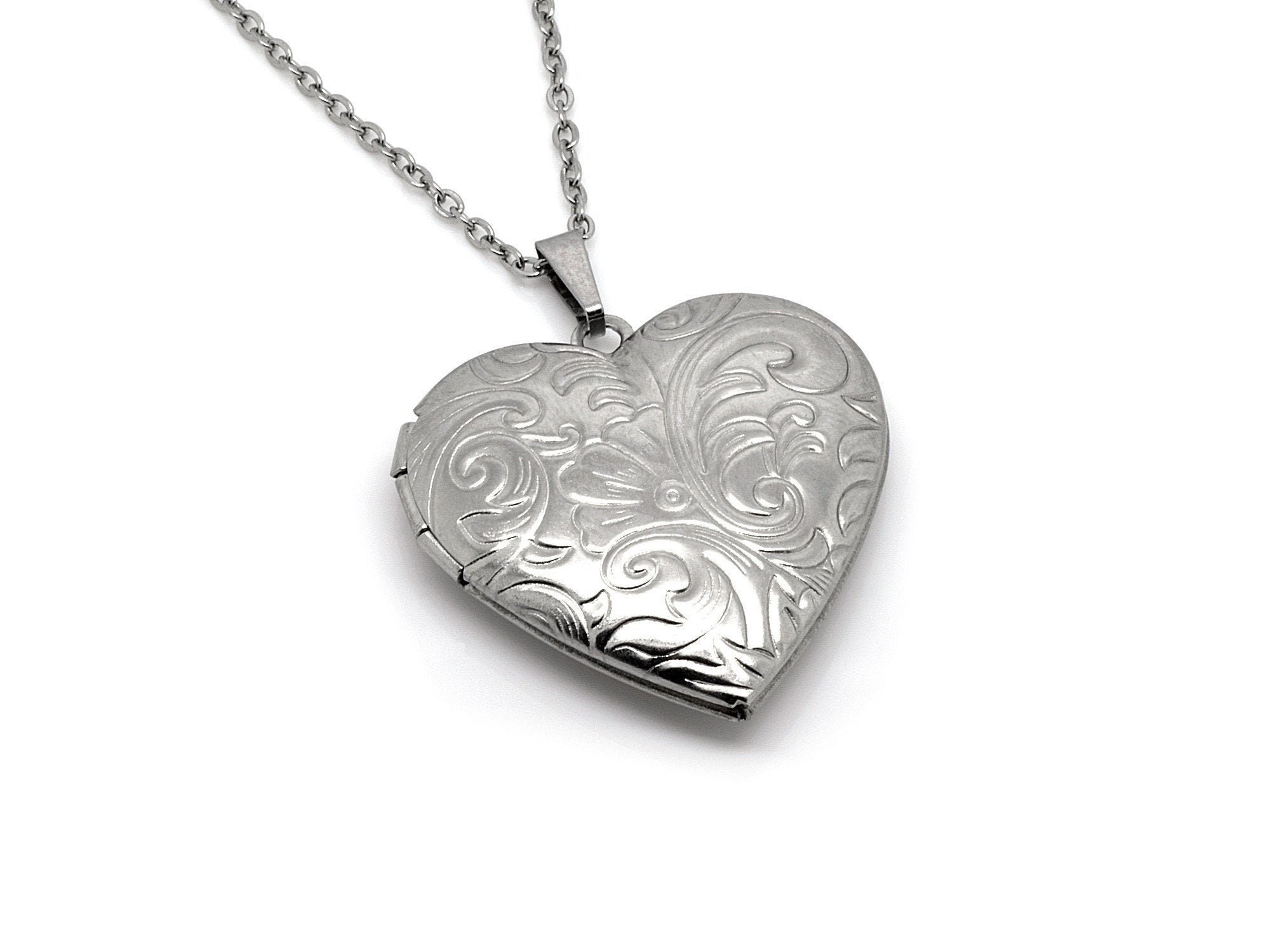 Floral Heart Locket Pendant Necklace in Stainless Steel