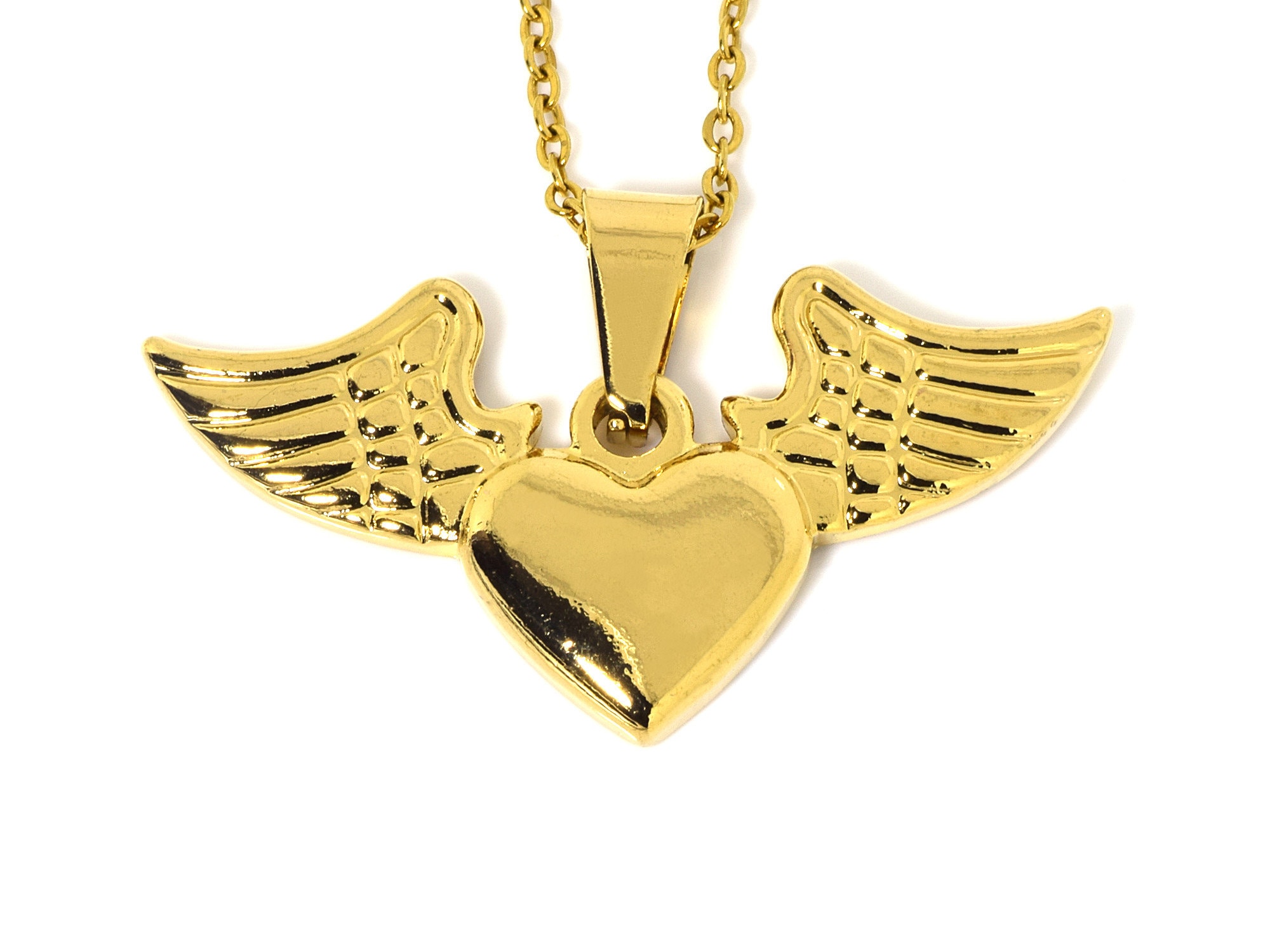 Gold Heart With Wings Necklace, Golden Love Pendant, Valentine 
