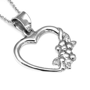 Sterling Silver Heart with Flowers Necklace, Valentines Day Gift Pendant, Love Jewelry