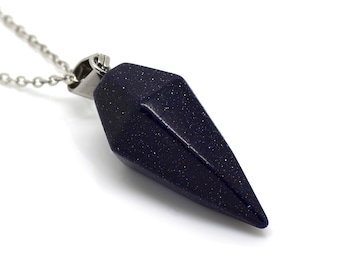 Faceted Blue Goldstone Glitter Cone Necklace, Synthetic Glittering Gemstone Pendant, Stainless Steel Jewelry