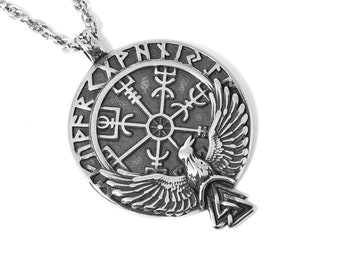 Vegvisir Viking Compass Necklace, Raven Pendant with Futhark Runes, Norse Mythology Jewelry in Stainless Steel with 3.3 mm Rope Chain
