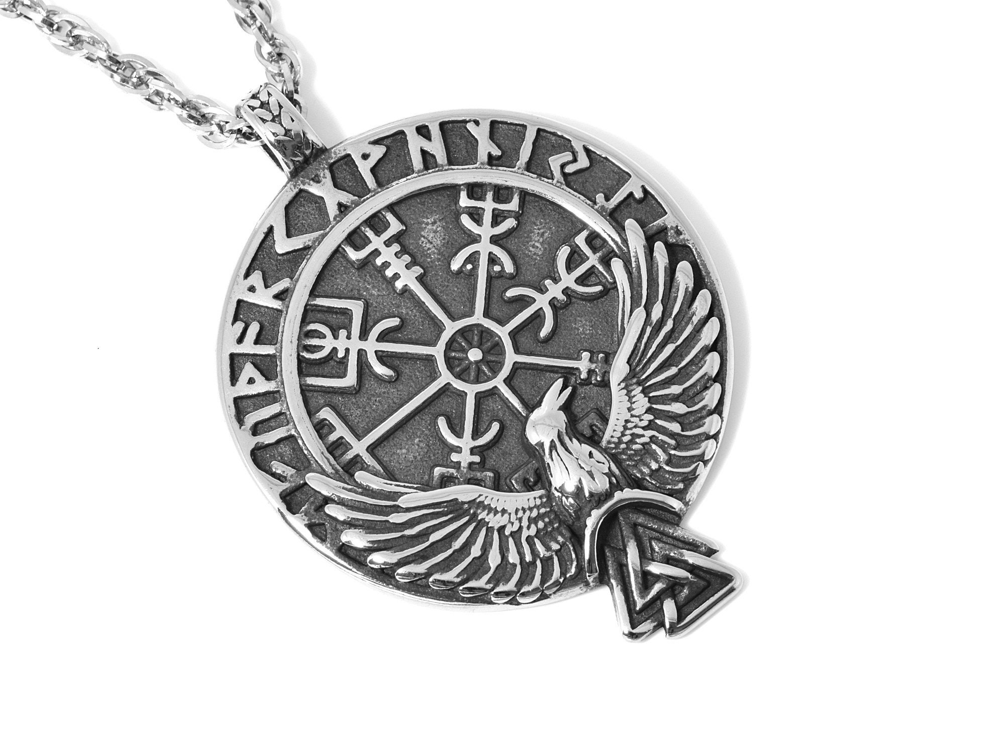Vegvisir Viking Compass Necklace, Raven Pendant With Futhark Runes ...