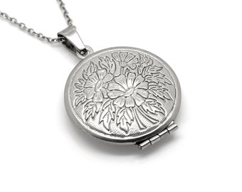 Ronde medaillon met florale patroon hanger ketting in roestvrij staal, Floral Photo Sieraden