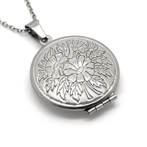 Circle Locket Necklace Silver Flower 