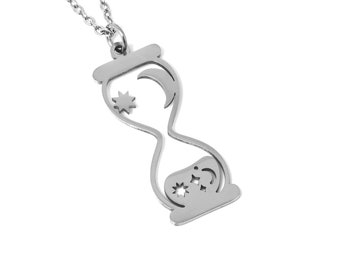 Hourglass Necklace, Time Jewelry, Sand Clock in Stainless Steel