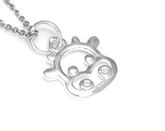 Sterling Silver Cow Face Necklace, Cattle Pendant, Animal Jewelry