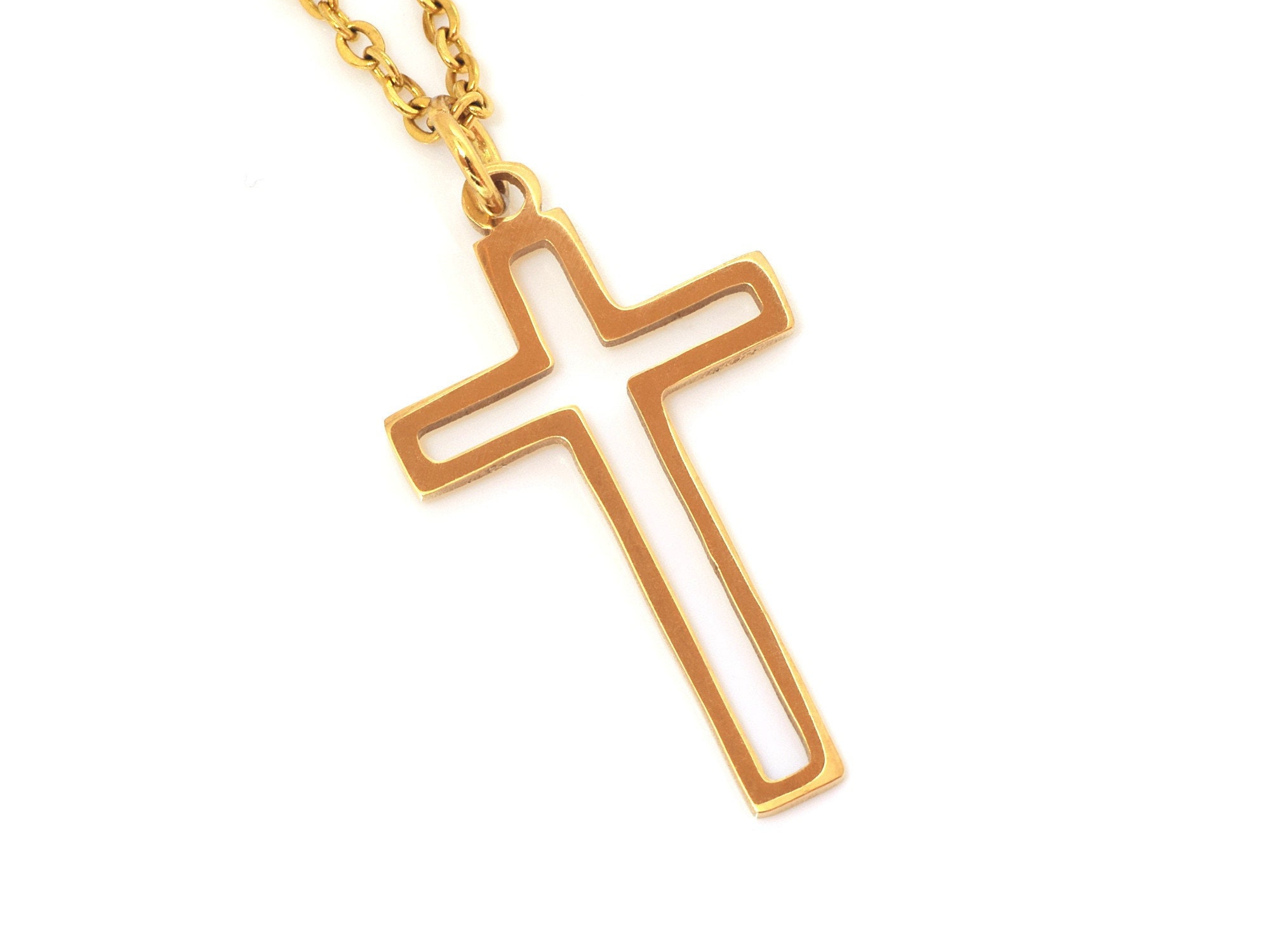 Hollow Gold Cross Necklace Cutout Golden Religious Pendant