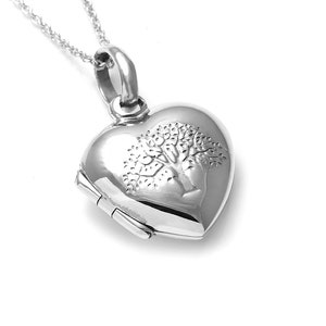Può includere: Collana con ciondolo a forma di cuore in argento con un albero della vita inciso sul davanti.