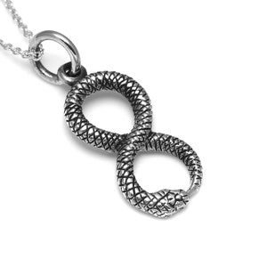 Sterling Silver Snake Ouroboros Necklace, Serpent Pendant, Reptile Infinity Jewelry