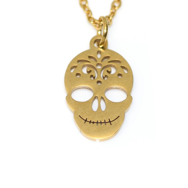 Gold Human Skull Pendant Necklace in Stainless Steel, Chain Included, Memento Mori