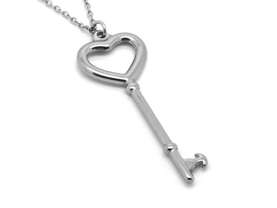 Big Heart Key Necklace in Stainless Steel, Two Inch Love Pendant