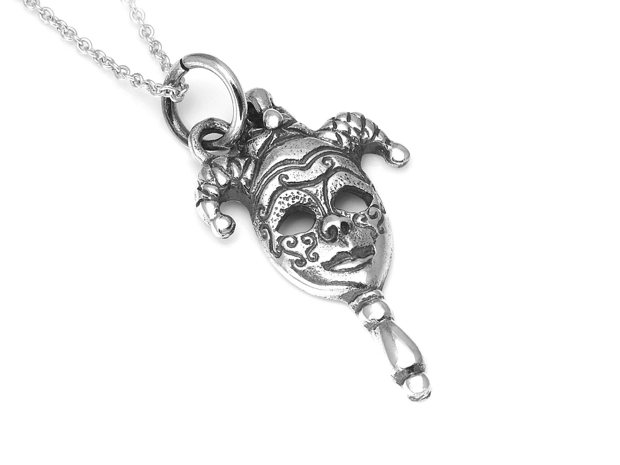 Sterling Silver Theater Jester Mask Necklace, Scene Pendant, Actor