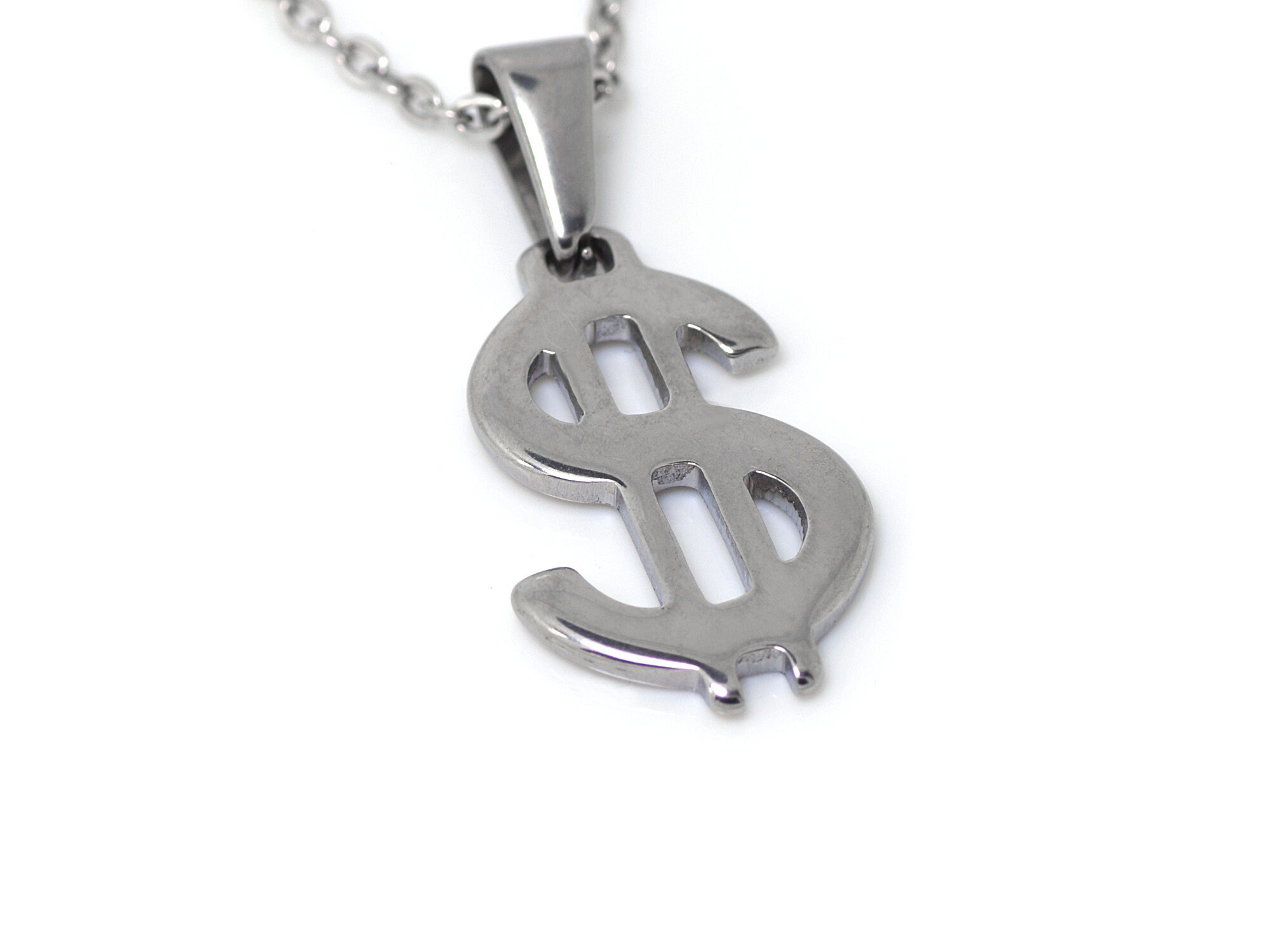 Steel Dollar Sign Necklace Money Symbol Charm Wealth Rich