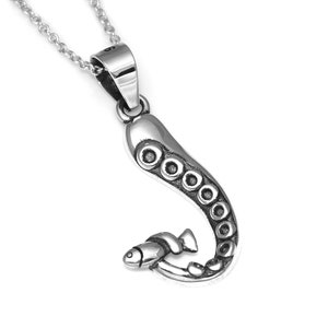 Sterling Silver Octopus Tentacle and Fish Necklace, Squid Pendant, Ocean Animal Jewelry