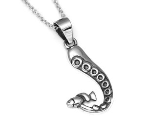 Sterling Silver Octopus Tentacle and Fish Necklace, Squid Pendant, Ocean Animal Jewelry