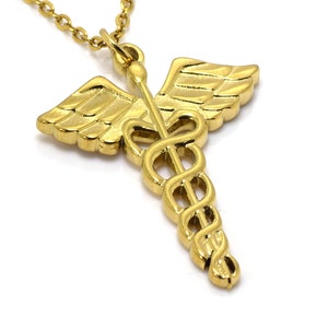 Caduceus Necklace, Gold Staff of Hermes, Golden Nurse or Doctor Pendant, Medicine Medical Hospital Jewelry