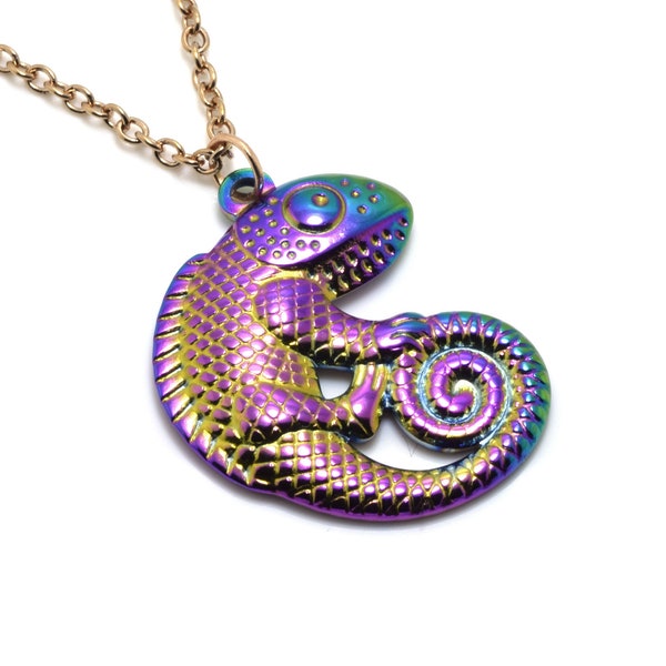 Chameleon Necklace, Rainbow Lizard with Rose Gold Chain, Stainless Steel Jewelry