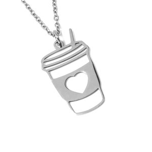May include: Silver necklace with a coffee cup pendant featuring a heart cutout.