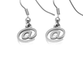 At Sign Earrings, Computer @ Symbol Jewelry in Stainless Steel