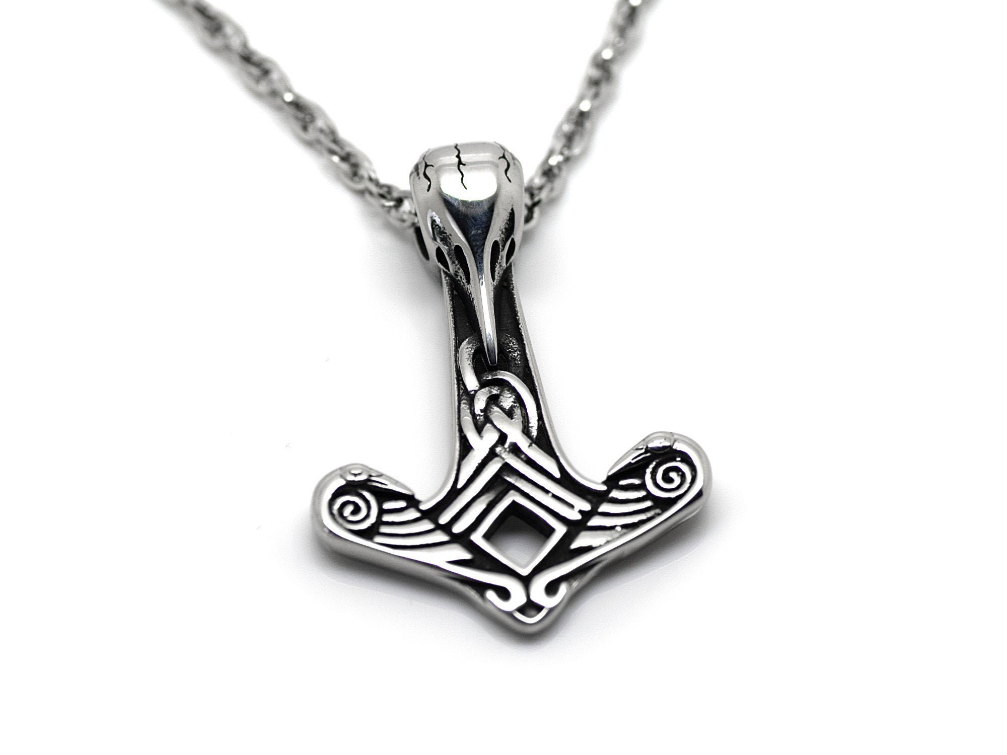 Hammer of Thor With Raven Skull Necklace, Viking Jewelry, Hugin