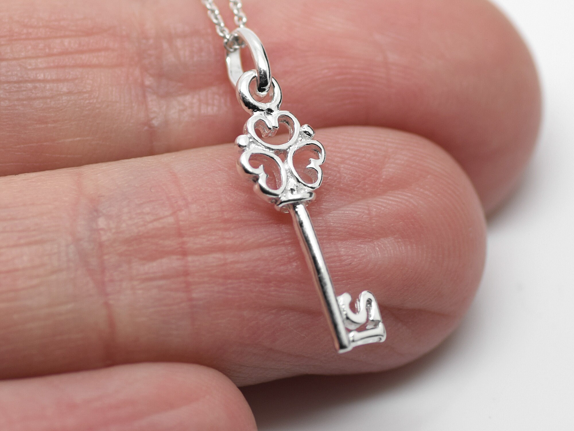 Silver Heart Key Pendant Necklace, 925 Sterling Jewelry