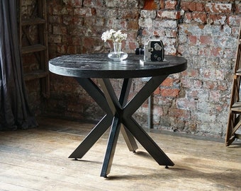 Karla Luxury Round Solid Mango Wood Industrial Hand Made Dining Table in Black with Metal Legs 1.0m Diameter Seats 4 People