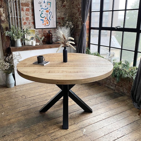 Sara Walnut Wash Finish Luxury Round Solid Mango Wood Industrial Hand Made Dining Table with Black Metal Legs Three Sizes