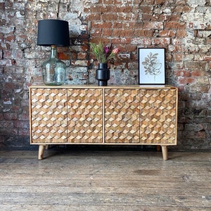 Iona 4 Door Large Solid Wood Sideboard Made from Solid Mango Wood with a Geometric 3D Pattern Beautiful Wooden Sideboard Cabinet