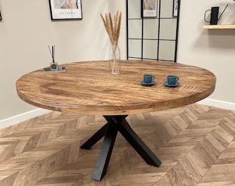 Sara Luxury Round Hand Made Solid Mango Wood Industrial Dining Table with Black Metal Legs and a Distressed Walnut Finish Four Sizes