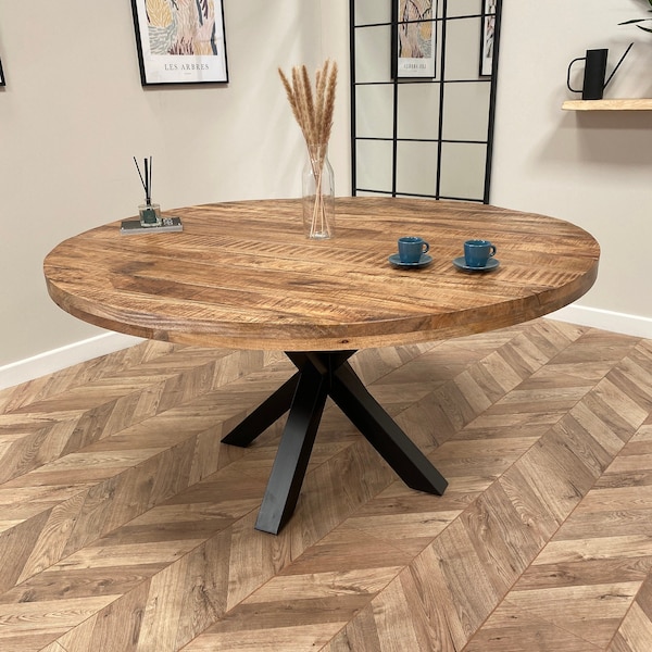 Sara Luxury Round Hand Made Solid Mango Wood Industrial Dining Table with Black Metal Legs and a Distressed Walnut Finish Four Sizes