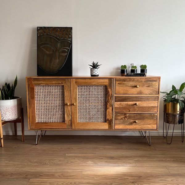 Nyla 2 Door 3 Drawer Rattan Solid Wood Sideboard with a Walnut Finish Made from Solid Mango Wood with Brass Legs and Handles