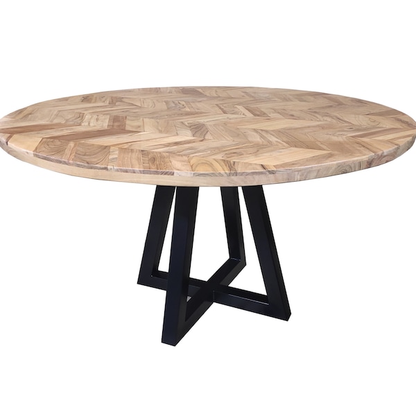 Cala Luxury Parquet Style Round Solid Acacia Wood Industrial Dining Table with Herringbone Stone Finish Black Legs Three Sizes 1.0m-1.4m