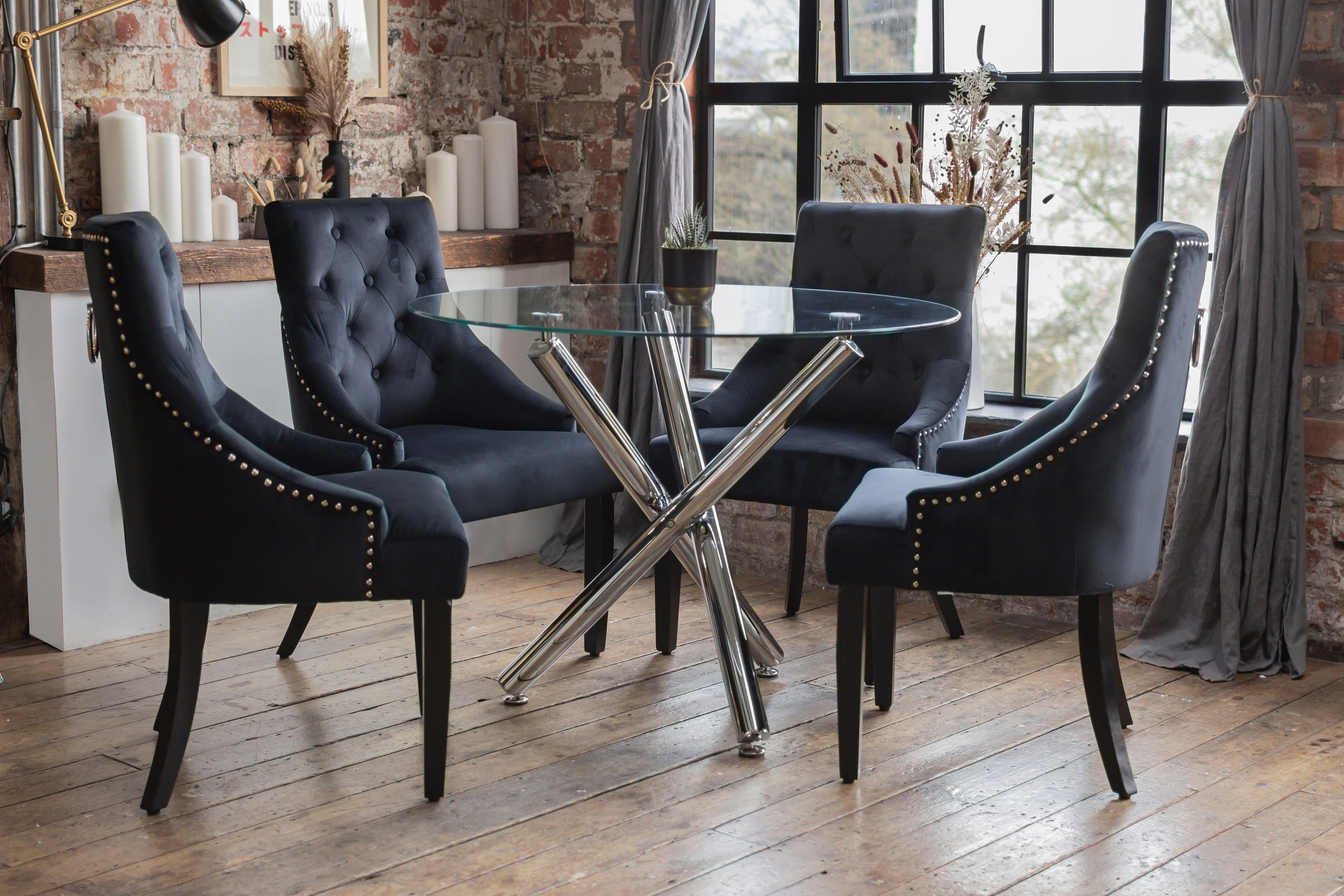 Maia Dining Table Set and 2 or 4 Luxury Chairs Portia French Scoop Style Knocker Black Velvet Chairs Chrome Black Legs Round Clear Table
