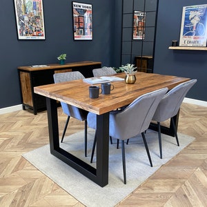 Sara Luxury Solid Mango Wood Industrial Hand Made Dining Table with Black Metal Legs and a Distressed Walnut Finish Three Sizes
