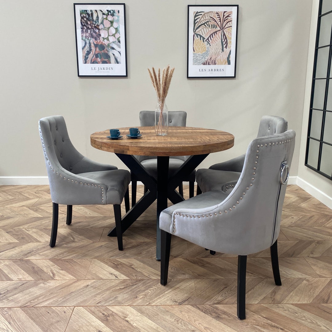 Sara Round Solid Mango Wood Industrial Dining Table Set With 2, 4 or 6 ...