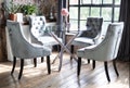 Maia Dining Table Set and 2 or 4 Luxury Chairs Portia French Scoop Style Knocker Back Grey Velvet Chairs Chrome Black Legs Round Clear Table