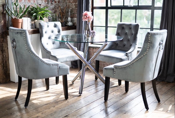 Maia Dining Table Set and 2 or 4 Luxury Chairs Portia French Scoop Style Knocker Back Grey Velvet Chairs Chrome Black Legs Round Clear Table Etsy