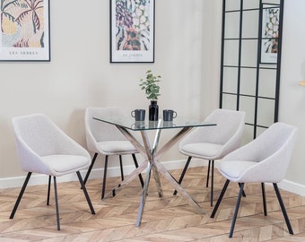 Capri Luxury Dining Table Set with 2 or 4 Luxury Dining Chairs - Julia Scoop Style Dining Chairs In Stone Beige with Black Legs