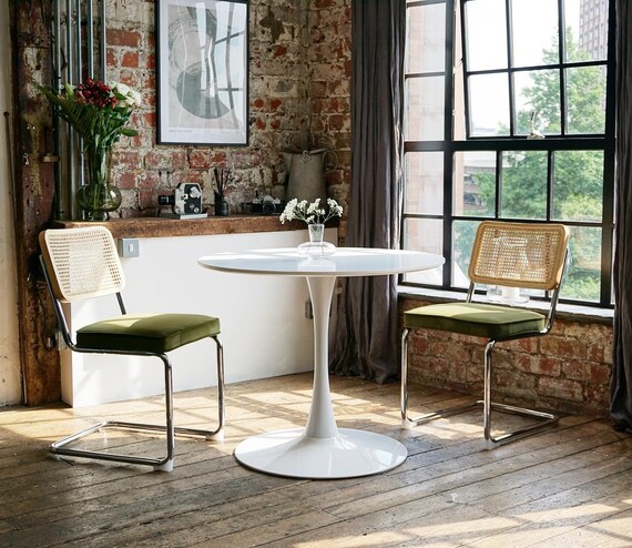 Bella White Round Dining Table Set With 2 or 4 Brooklyn Chairs in Olive Green White Gloss Base and Stem With a Durable White Matt Top Etsy
