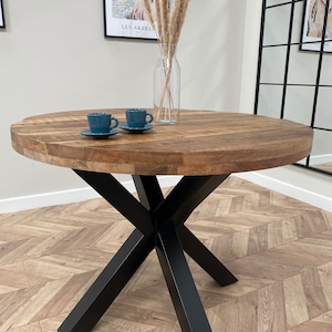 Sara Luxury Round Hand Made Solid Mango Wood Industrial Dining Table with Black Metal Legs and a Distressed Walnut Finish Four Sizes image 6