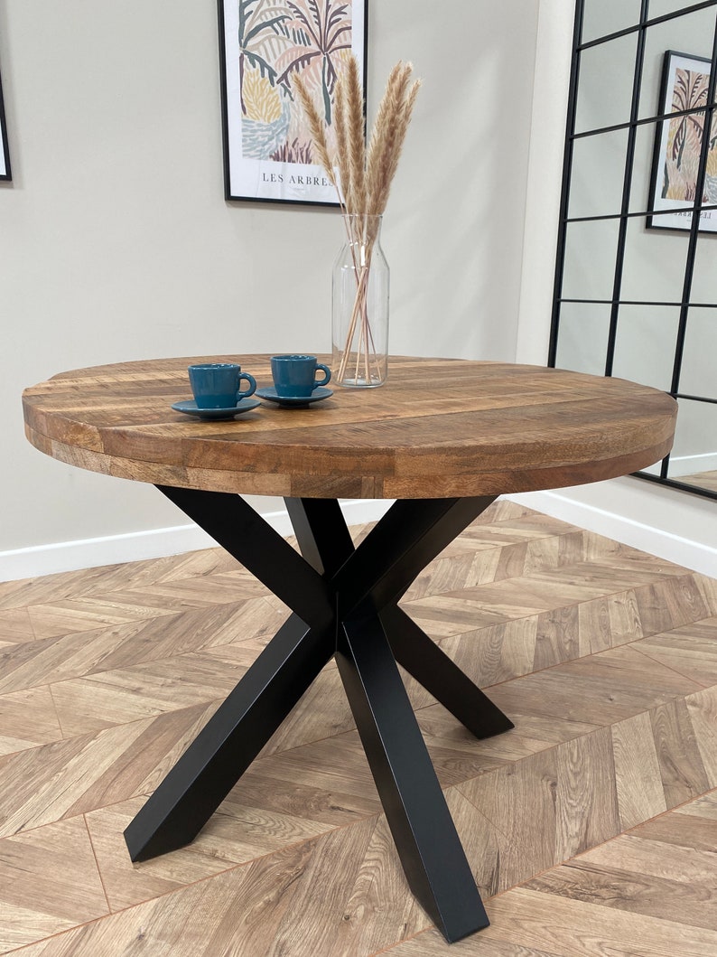 Sara Luxury Round Hand Made Solid Mango Wood Industrial Dining Table with Black Metal Legs and a Distressed Walnut Finish Four Sizes image 6