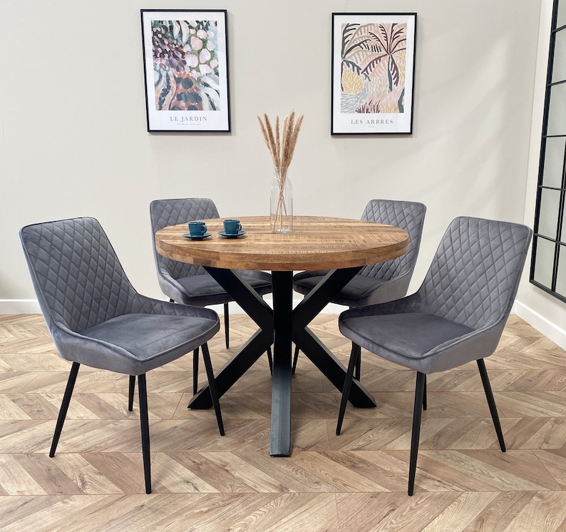 Sara Luxury Round Hand Made Solid Mango Wood Industrial Dining Table with Black Metal Legs and a Distressed Walnut Finish Four Sizes image 7